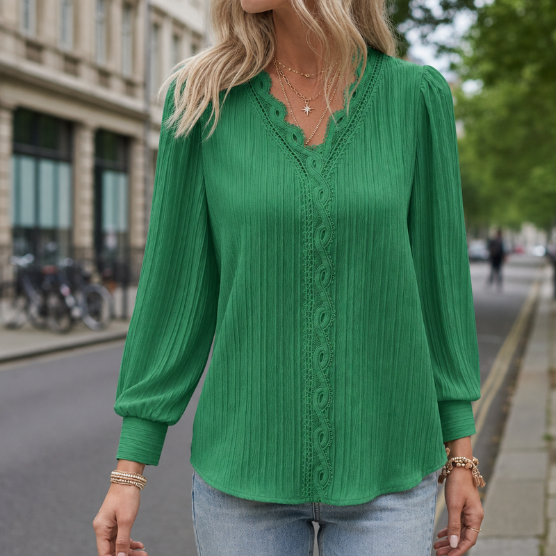 Caceres Lace Trim V-Neck Blouse in Green