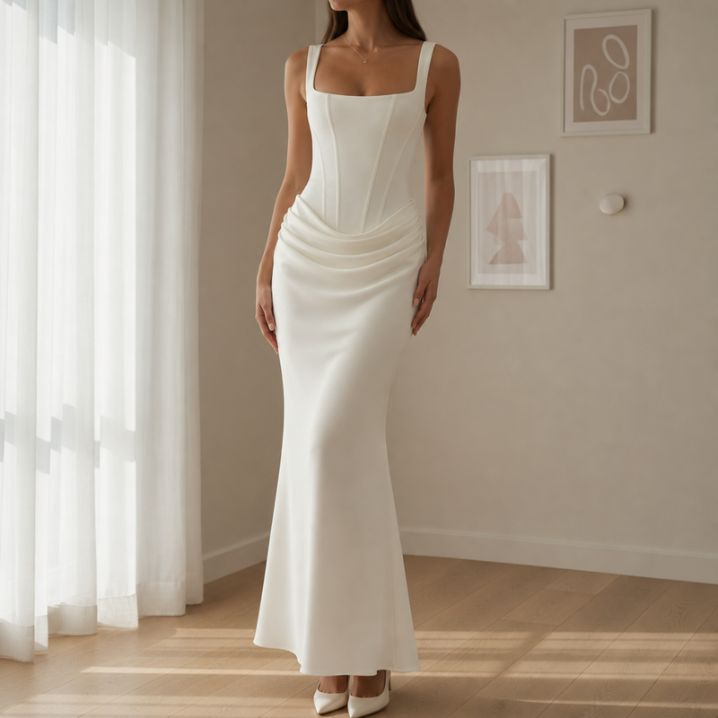 Leros Corset Ruched Maxi Dress in Ivory
