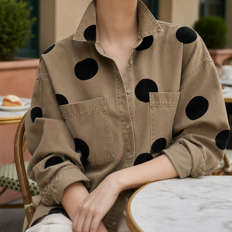Elounda Polka Dot Denim Shirt in Khaki