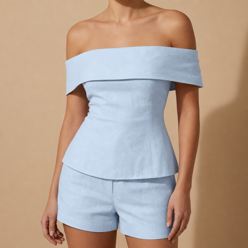 Bonifacio Off-Shoulder Linen Set in Light Blue