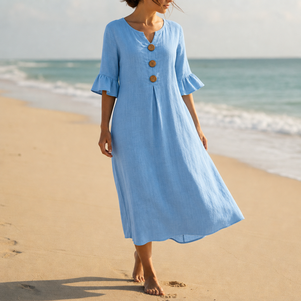 Narbonne Button Front Midi Dress in Light Blue