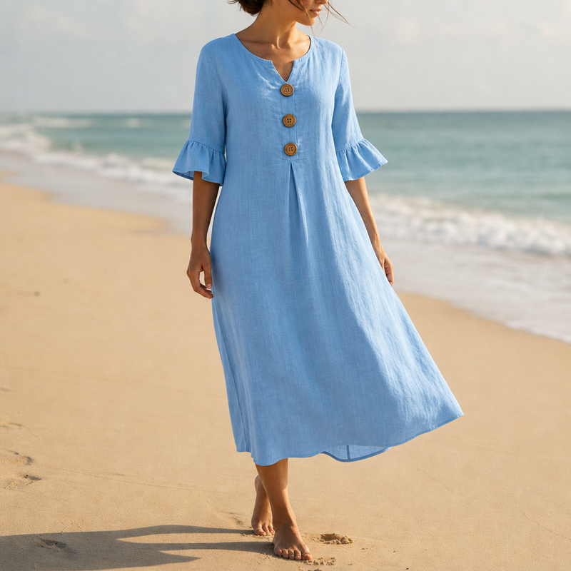 Narbonne Button Front Midi Dress in Light Blue