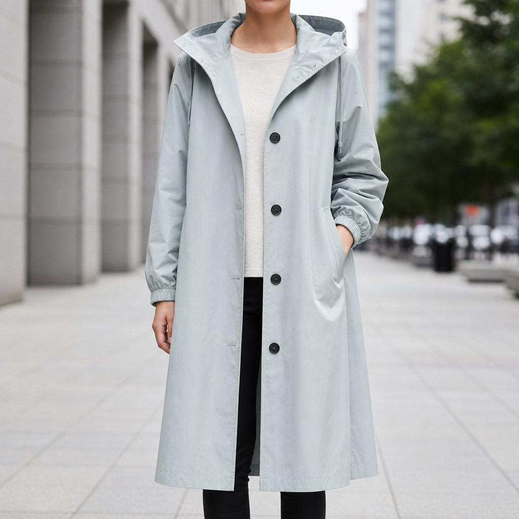 Kythnos Hooded Long Trench Coat in Light Blue