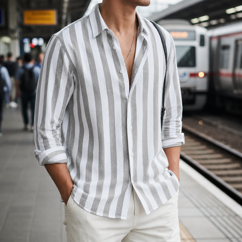 Kakopetria Striped Linen Shirt in Light Gray
