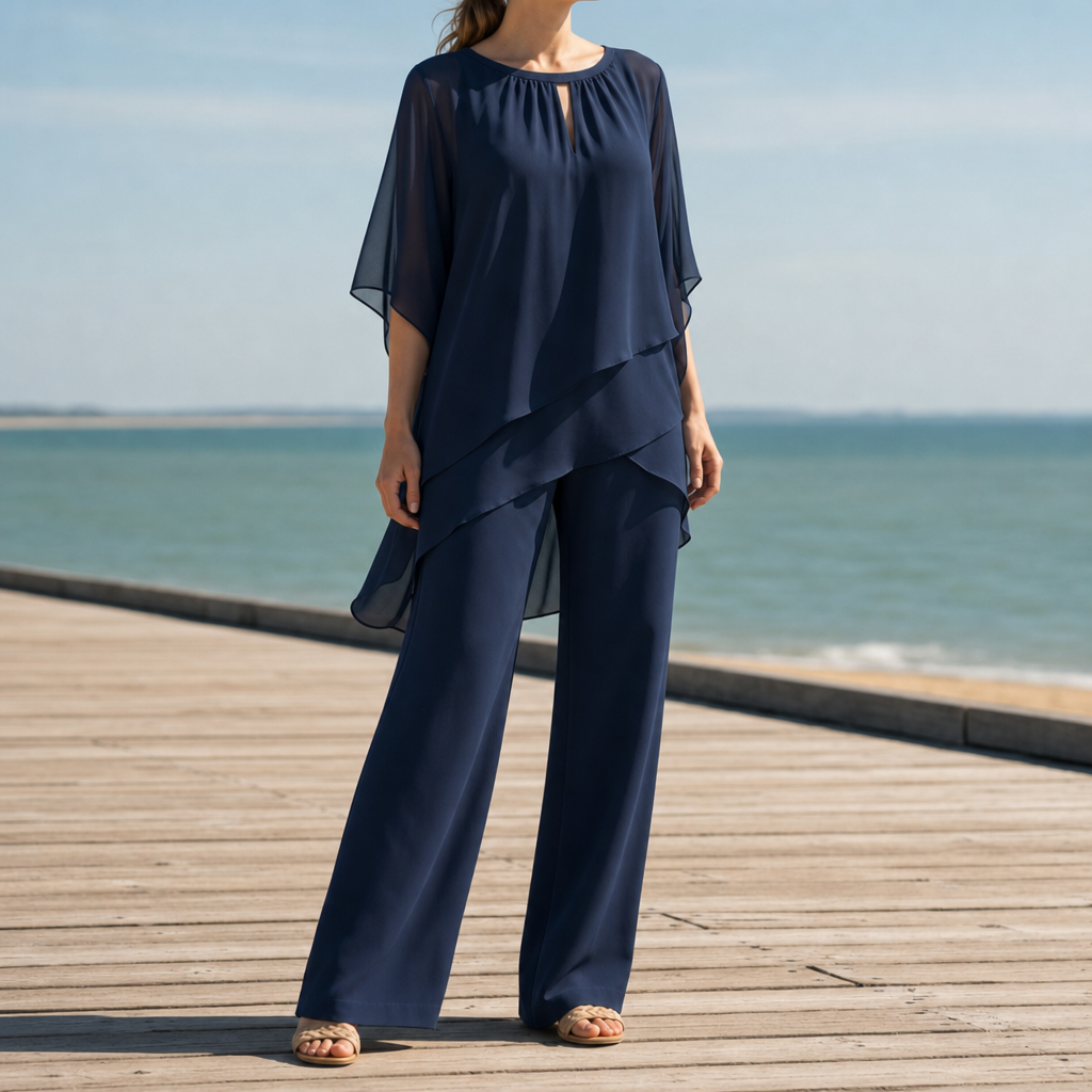 Aegina Chiffon Layered Two-Piece Set in Navy Blue