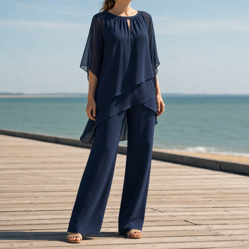 Aegina Chiffon Layered Two-Piece Set in Navy Blue