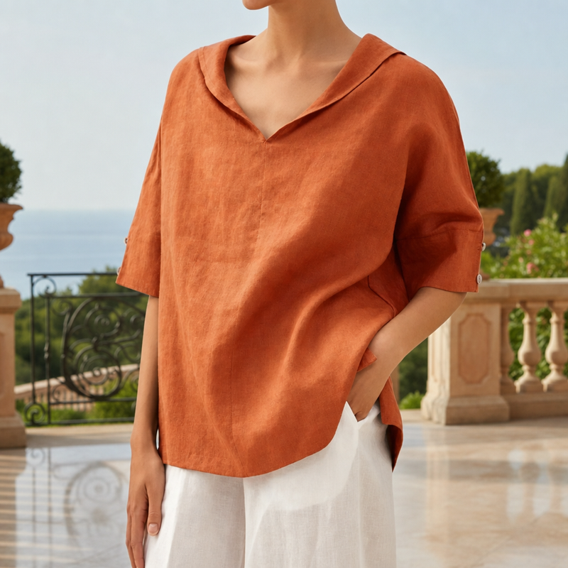 Malaga Linen V-Neck Blouse in Orange