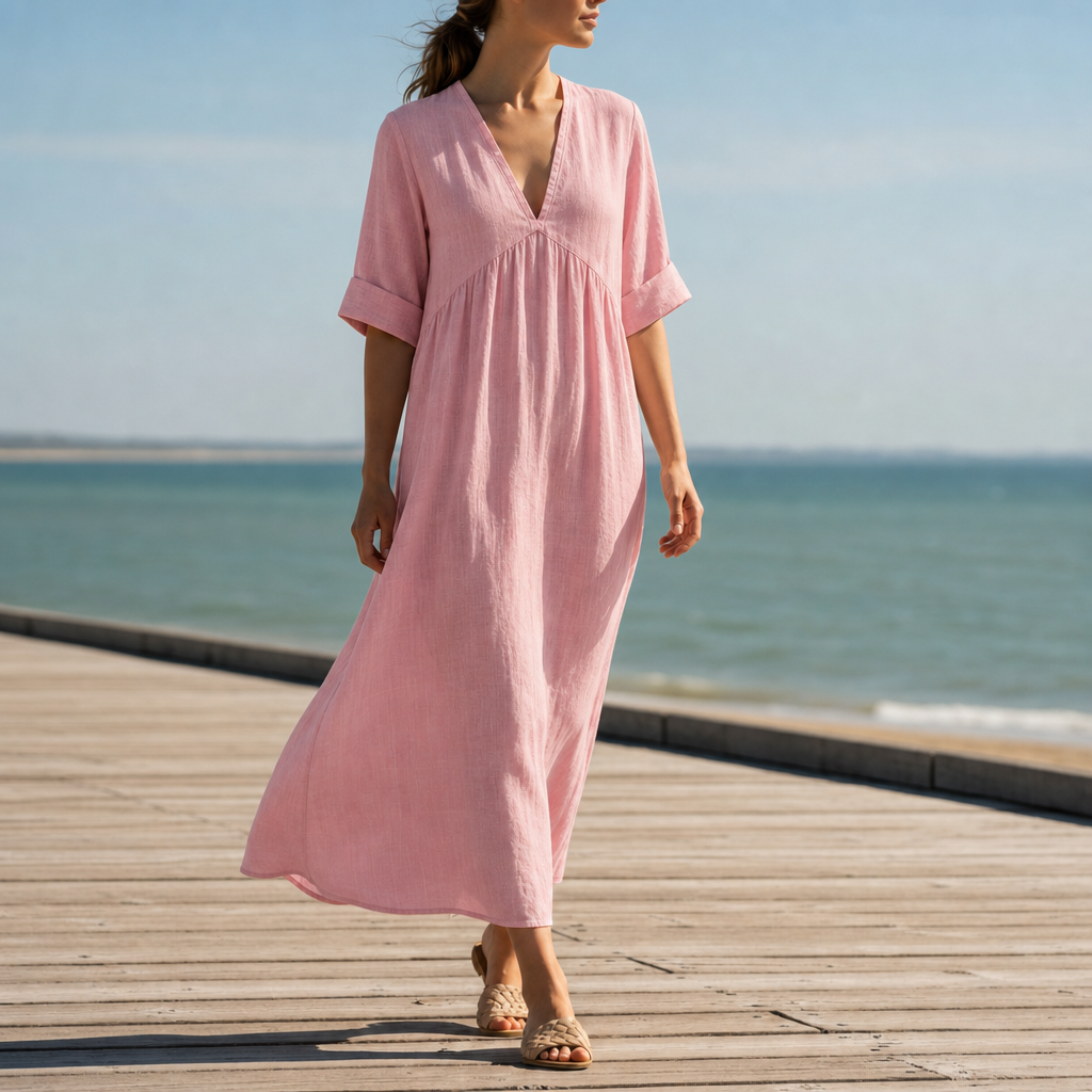 Biot Linen V-Neck Maxi Dress in Pink