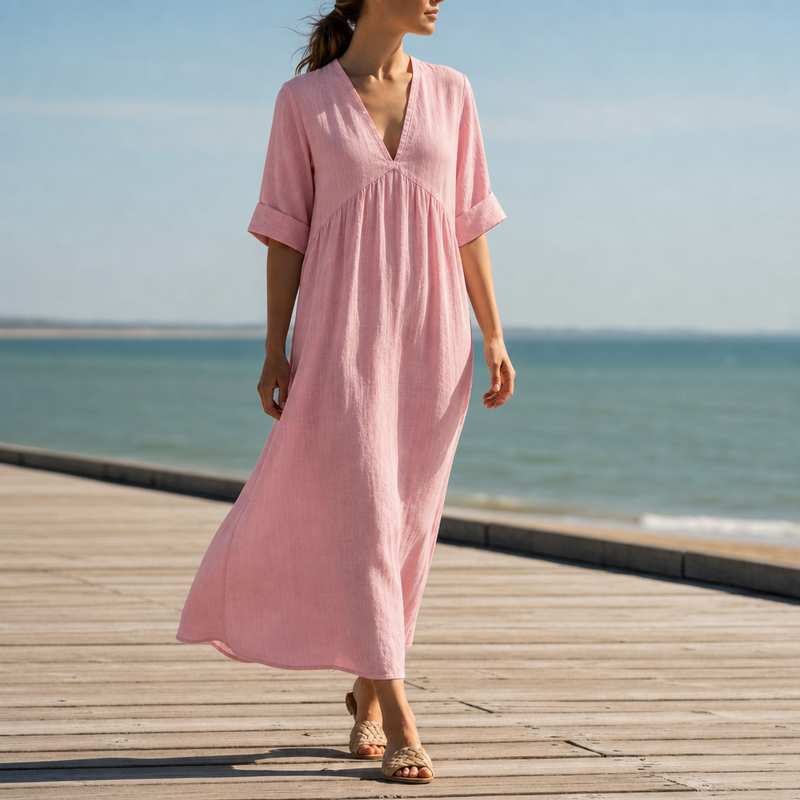 Biot Linen V-Neck Maxi Dress in Pink