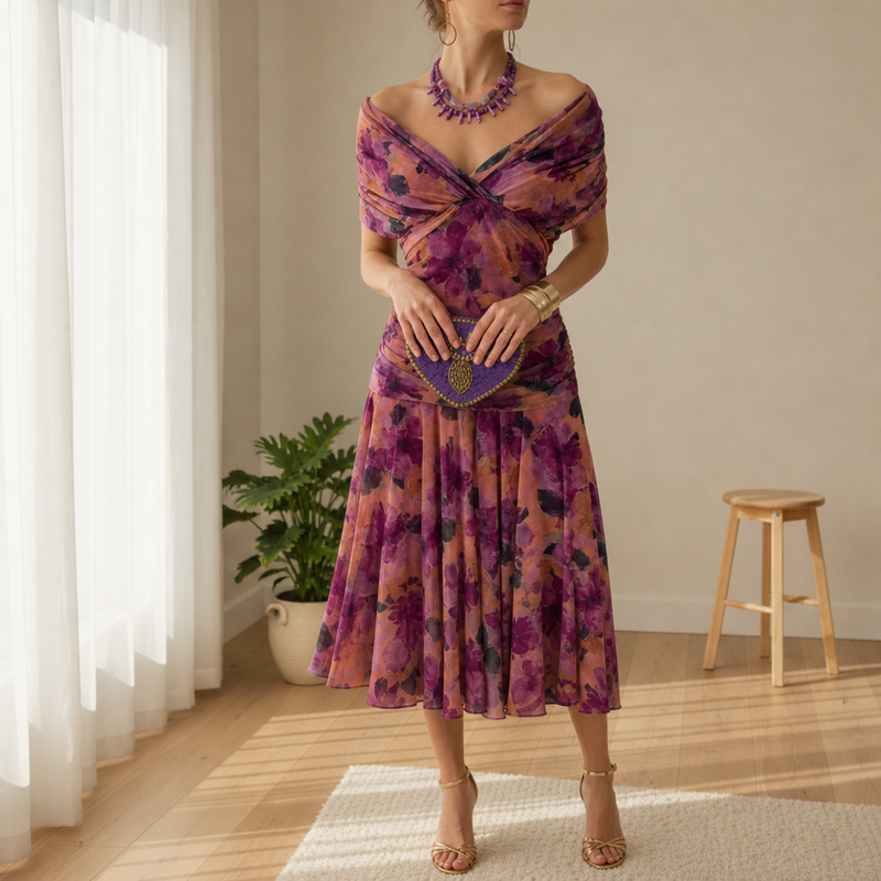 Sibenik Floral Off-Shoulder Midi Dress in Purple