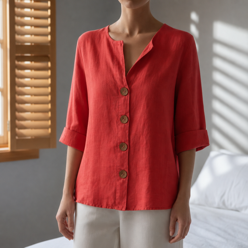 Spetses Linen Button-Up Blouse in Red