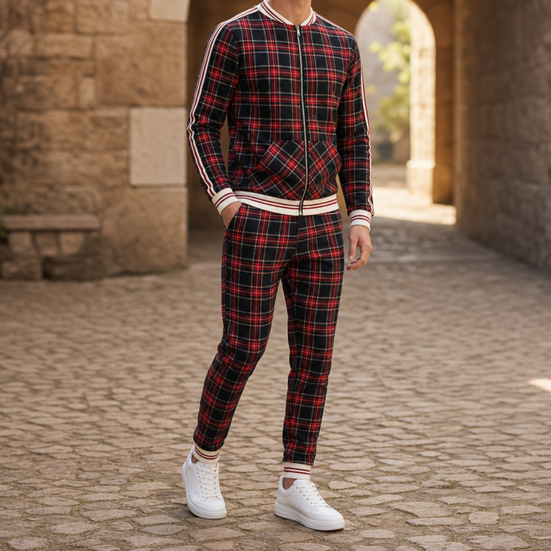 Larnaca Plaid Tracksuit Set in Red