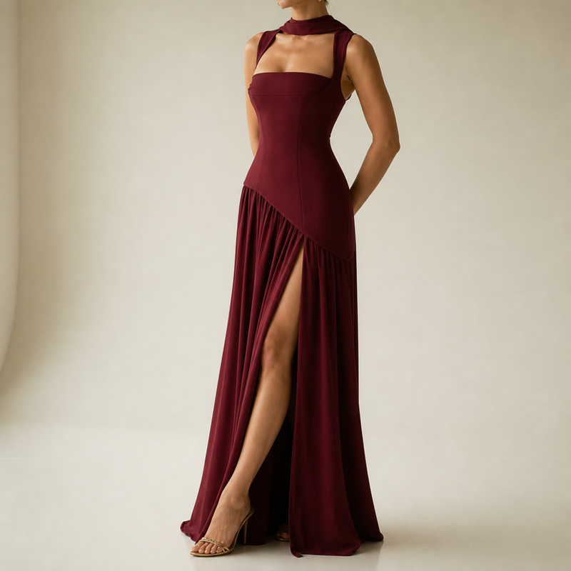 Arles Ruched Halter Maxi Dress in Red