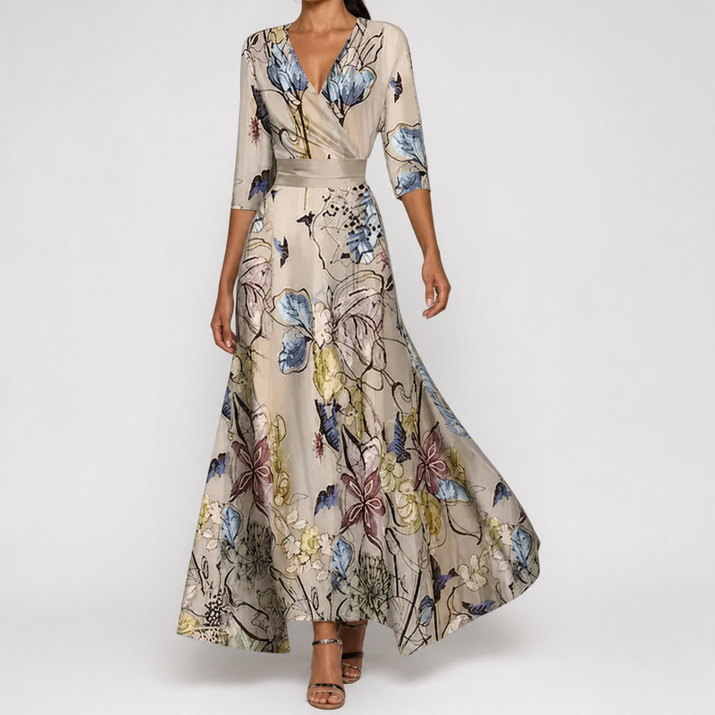 Matera Floral Wrap Maxi Dress in Sand/Beige