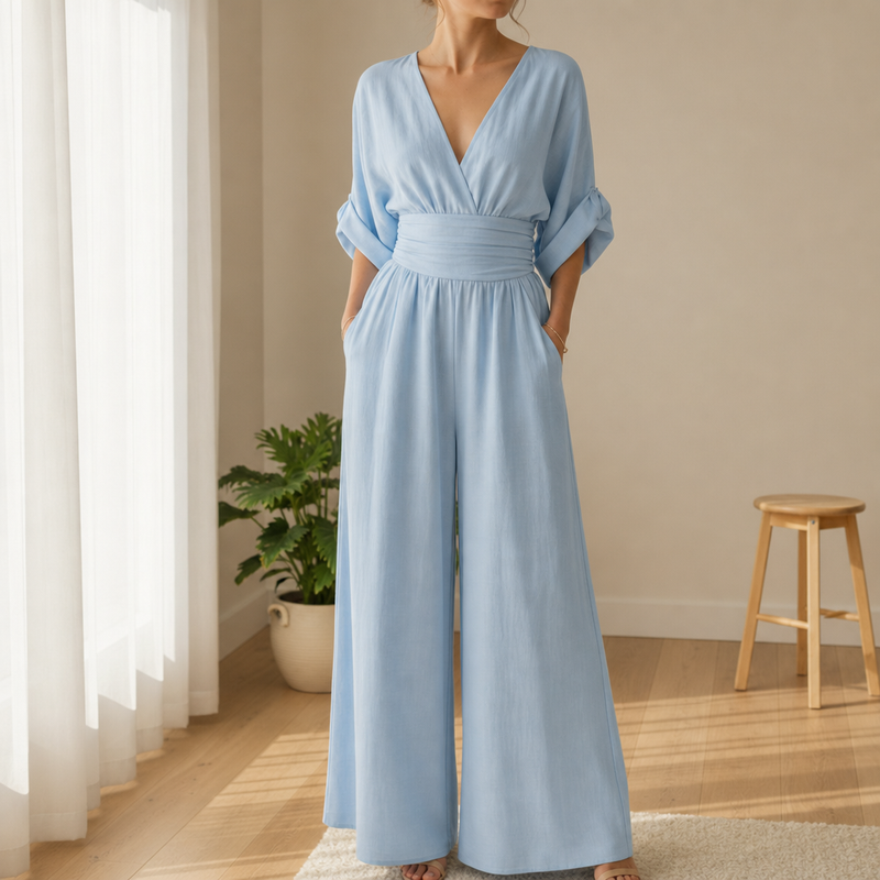 Serifos V-Neck Wide-Leg Jumpsuit in Sky Blue