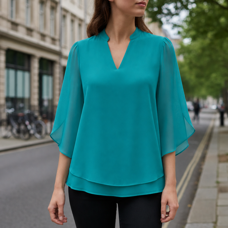 Gordes Flared Sleeve Chiffon Blouse in Turquoise