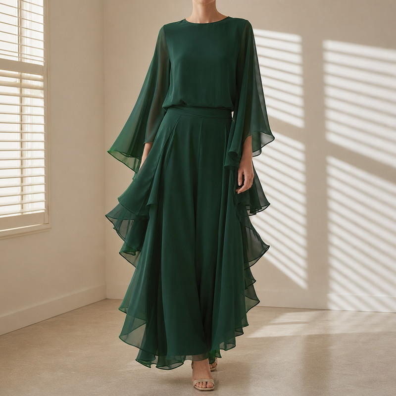 Syros Ruffle Chiffon Two-Piece Set in Gren