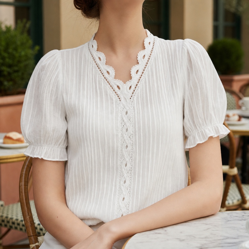 Nimes Lace Trim V-Neck Blouse in White