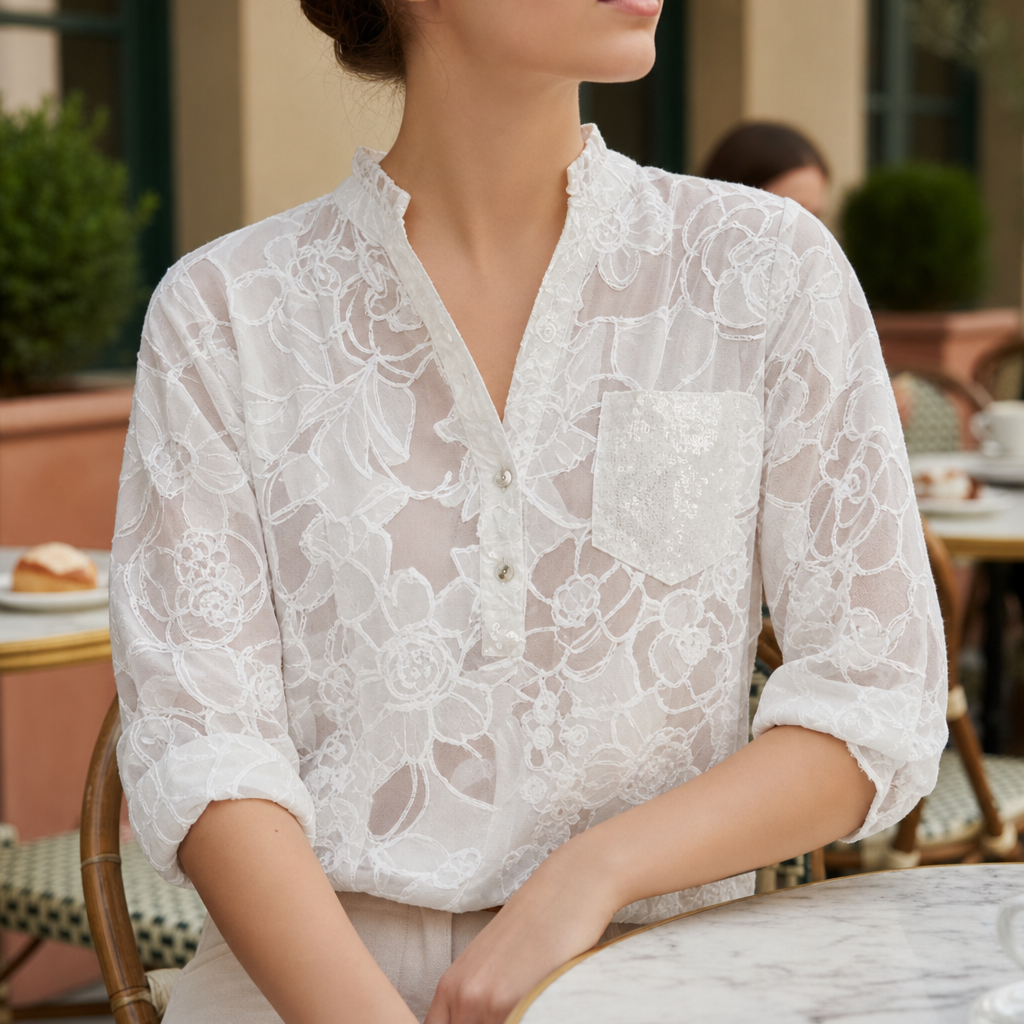 Cassis Floral V-Neck Blouse in White