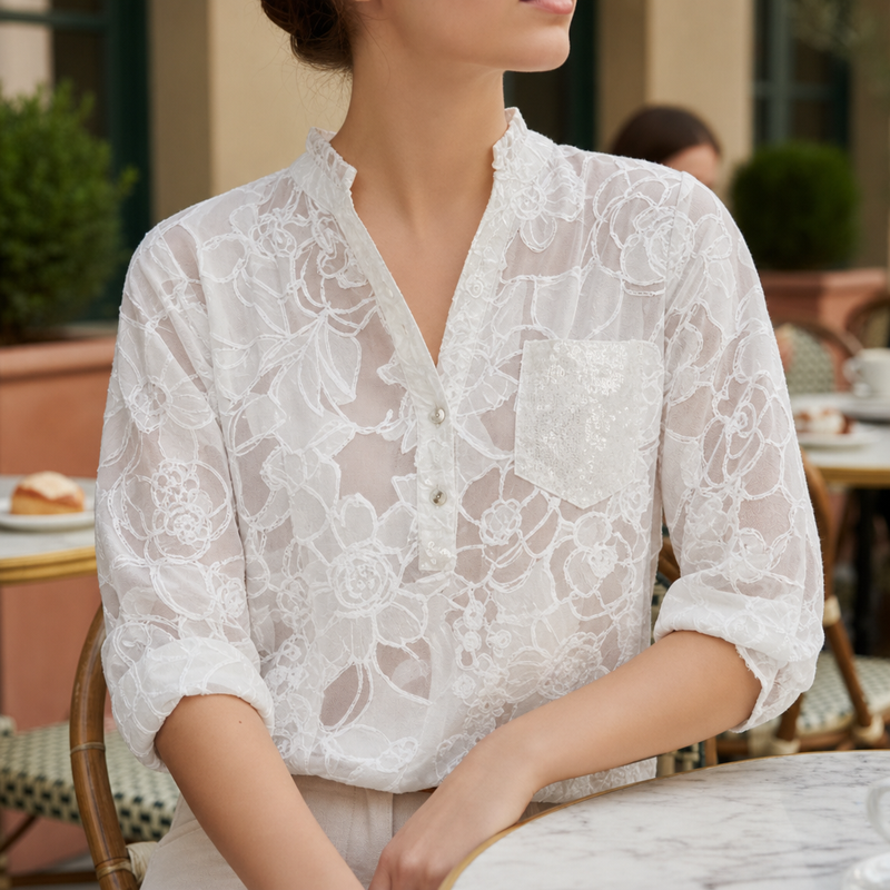 Cassis Floral V-Neck Blouse in White