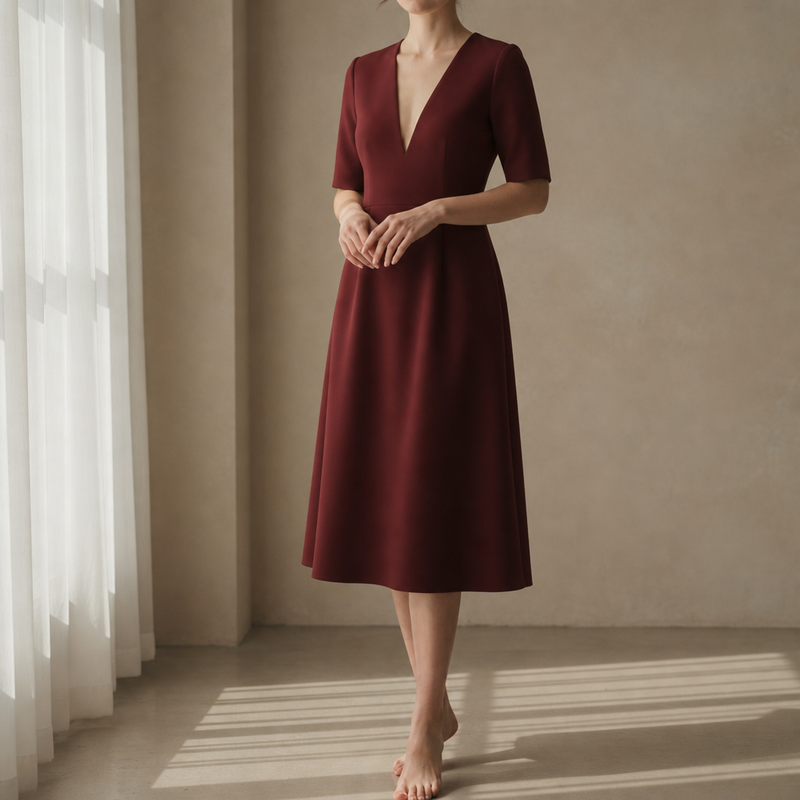 Eze Deep V-Neck Midi Dress in Wine Red