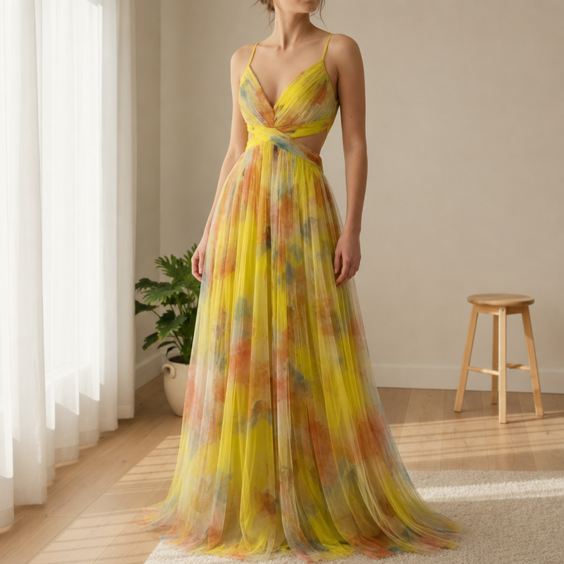 Skiathos Floral Chiffon Maxi Dress in Yellow