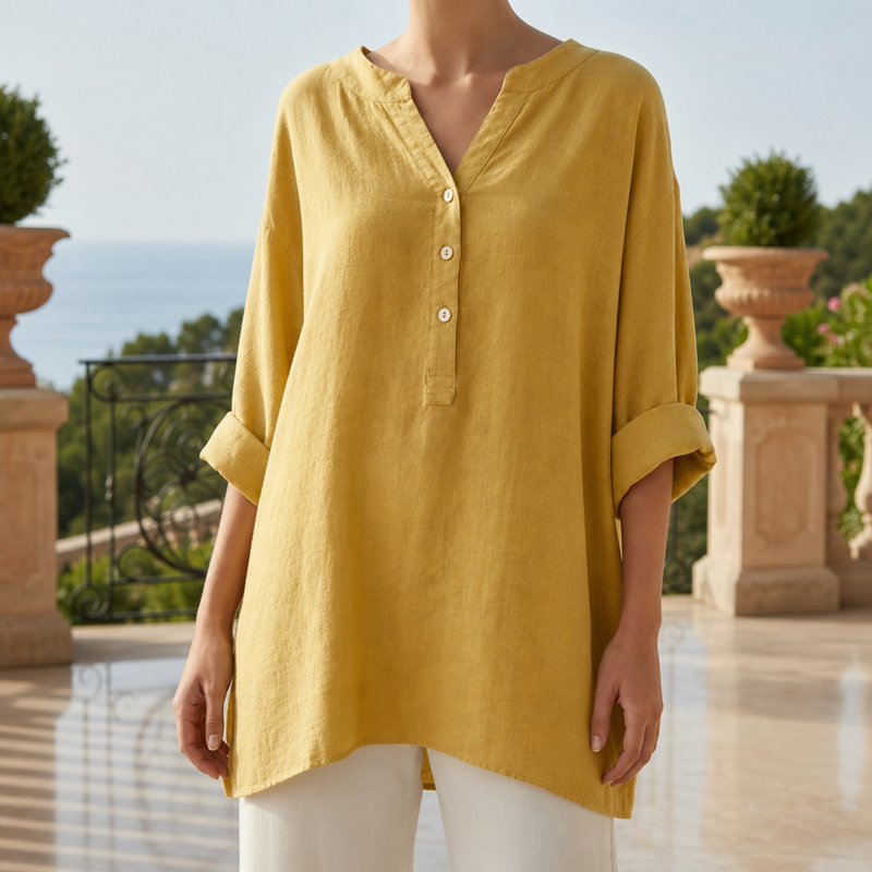 Santander Linen Button-Up Tunic in Yellow