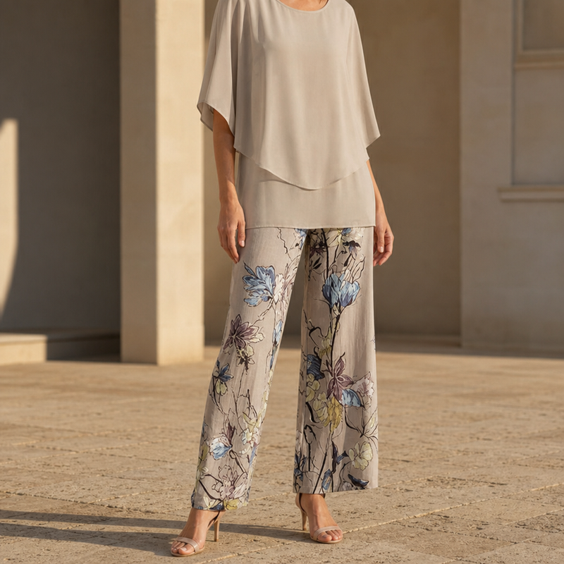 Bellagio Floral Chiffon Two-Piece Set in Khaki