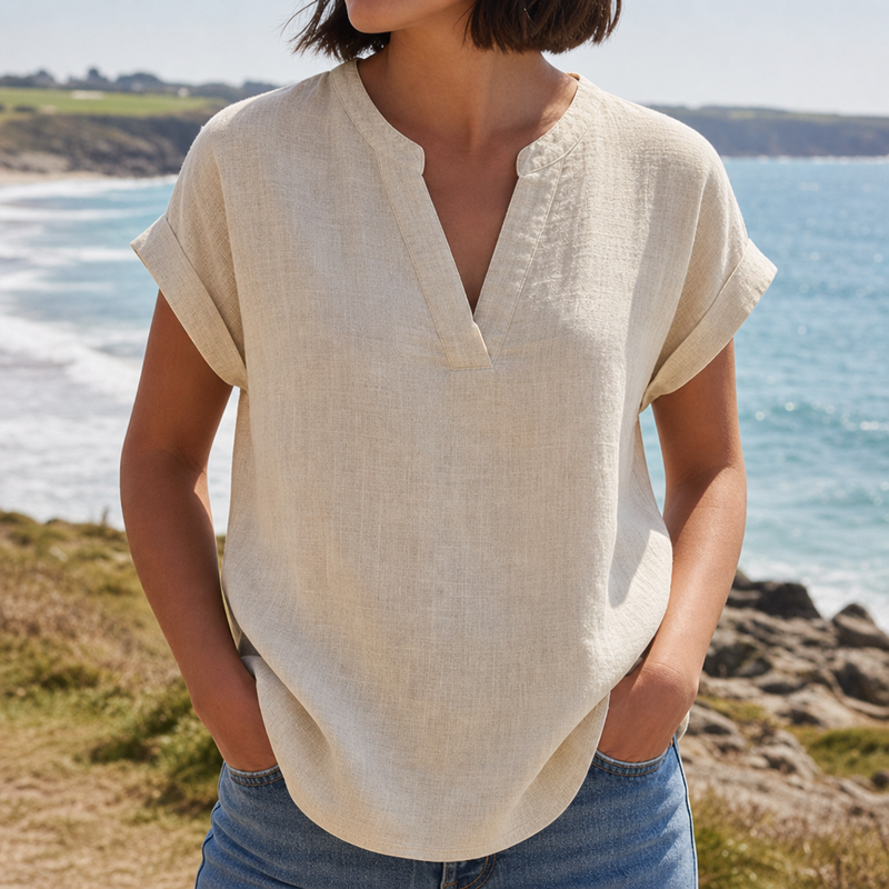 Sagres Notched V-Neck Blouse in Beige