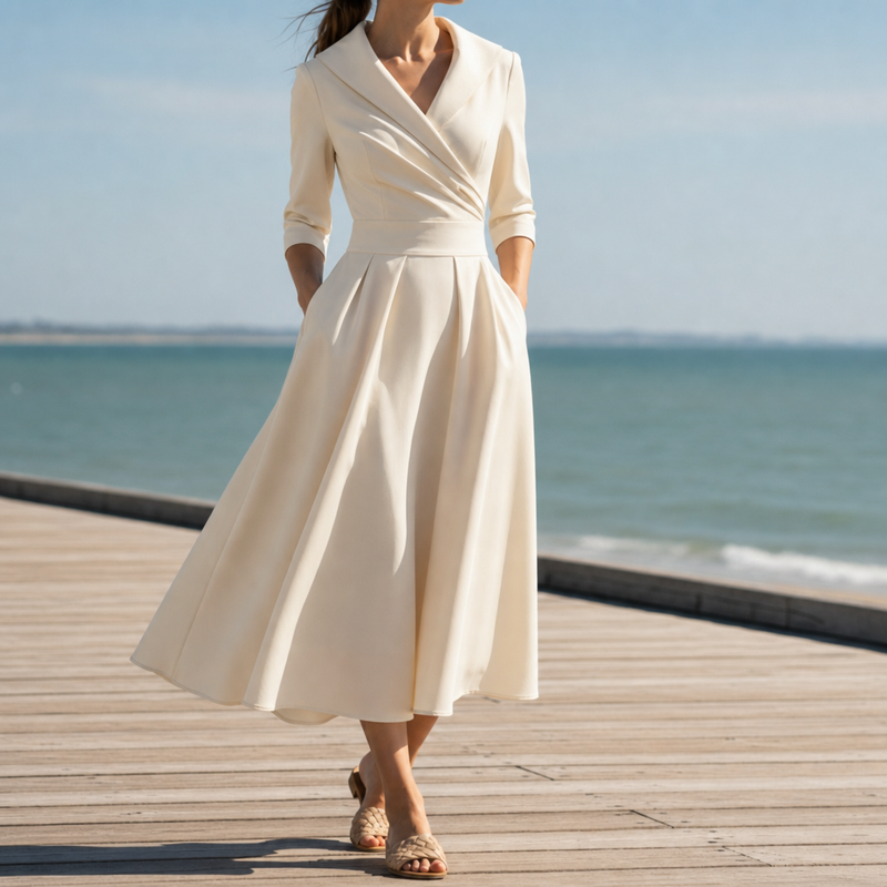 Avila Satin Wrap Midi Dress in Beige