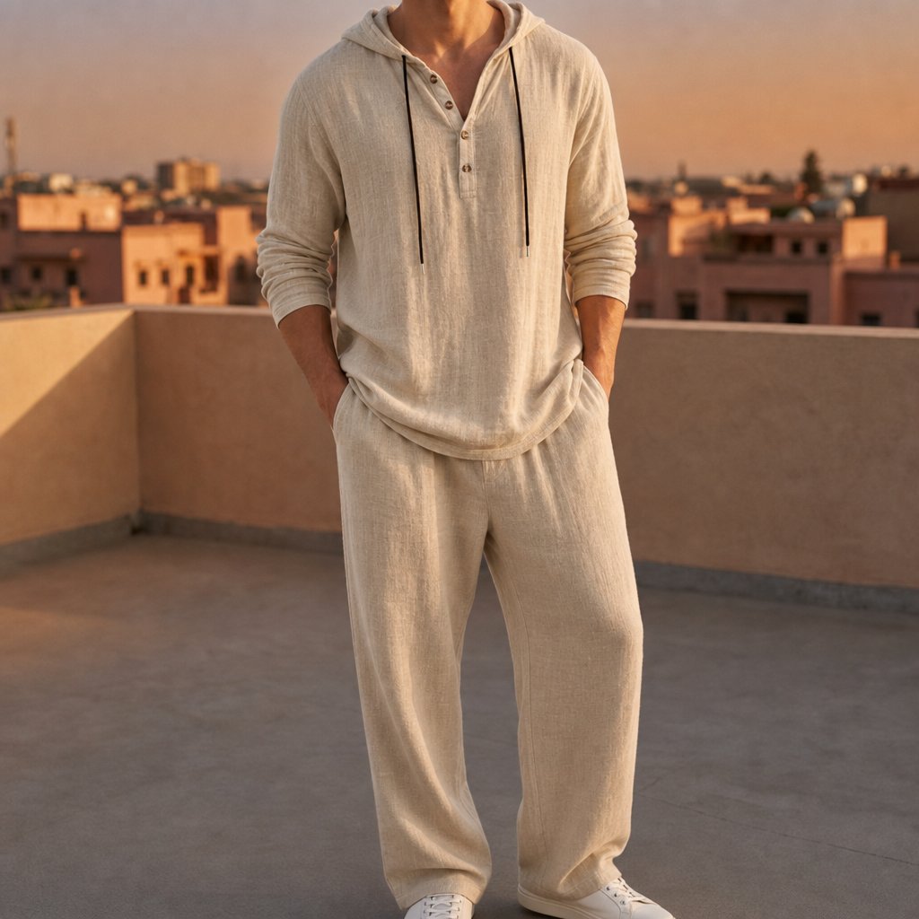 Paxos Hooded Henley Linen Set in Beige