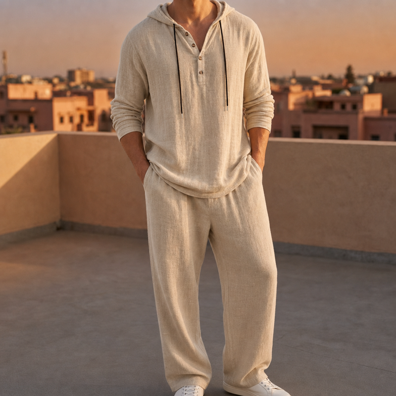 Paxos Hooded Henley Linen Set in Beige