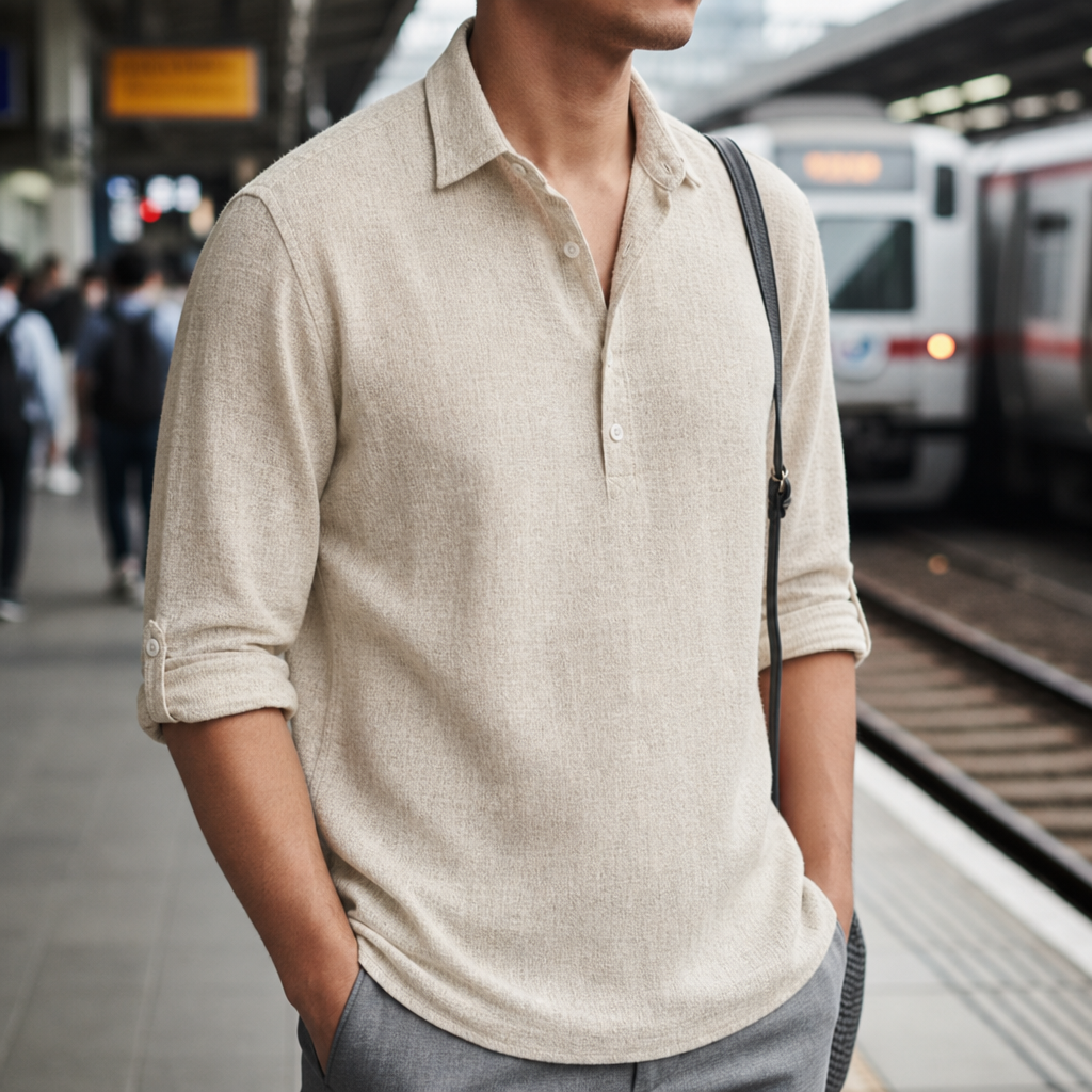 Gaeta Linen Henley Polo Shirt in Beige