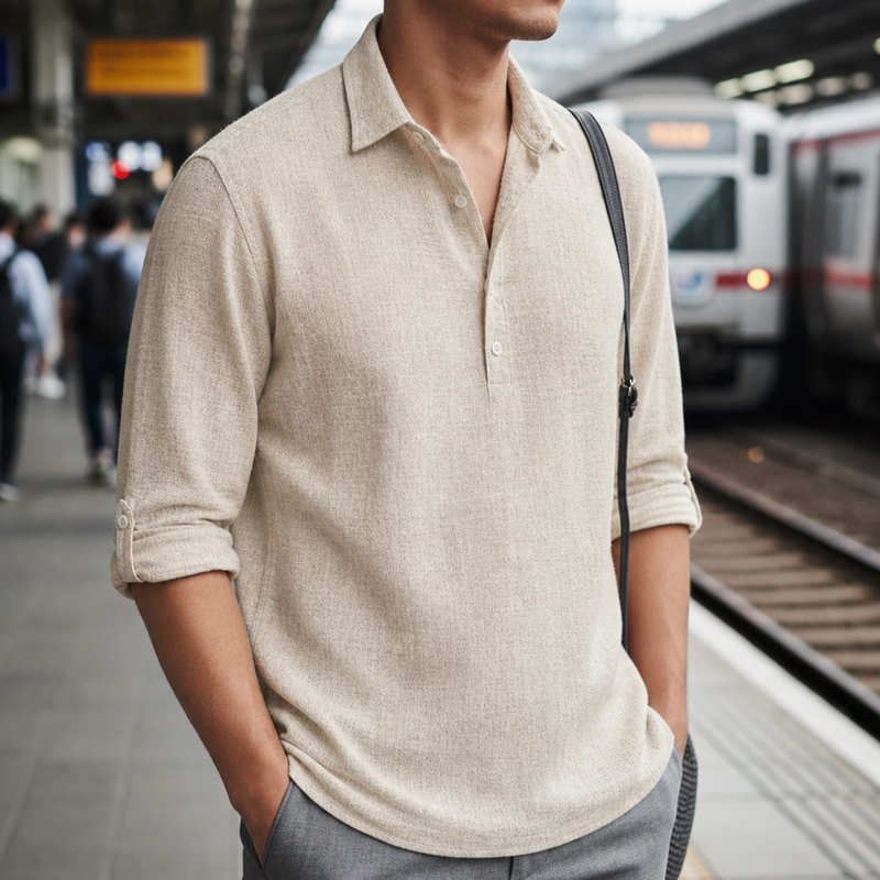 Gaeta Linen Henley Polo Shirt in Beige