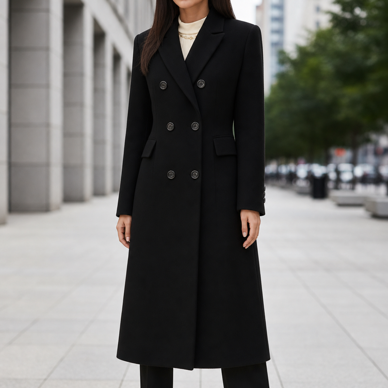 Treviso Double Breasted Wool Overcoat in Black
