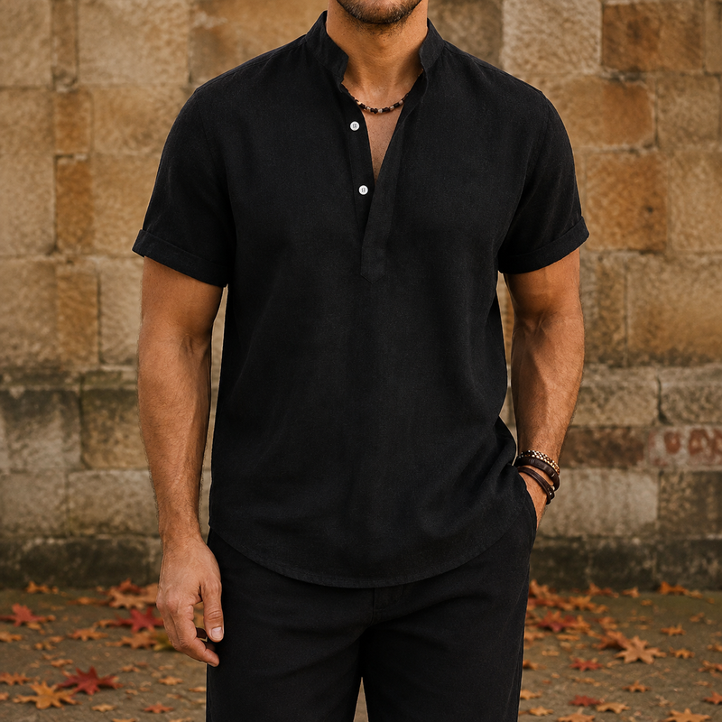 Bolzano Linen Henley Shirt in Black