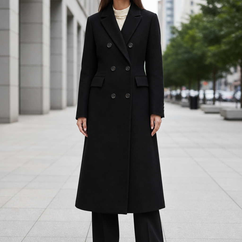 Rapallo Double Breasted Wool Overcoat in Black