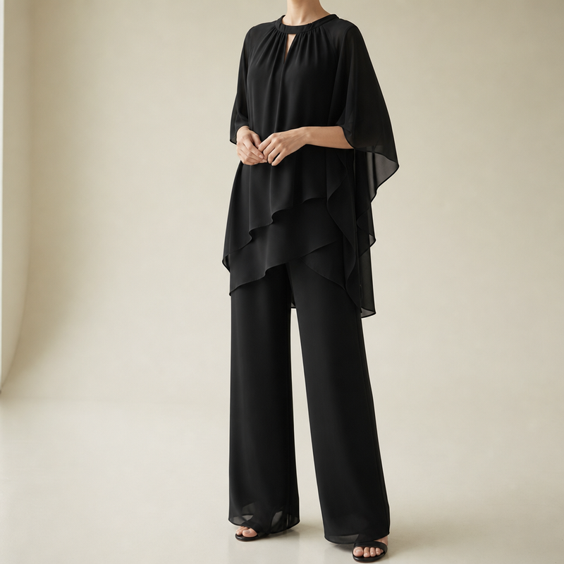 Cavtat Chiffon Layered Two-Piece Set in Black