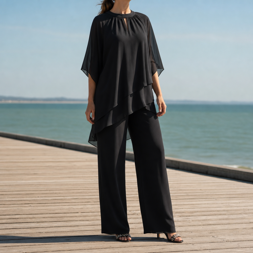 Aegina Chiffon Layered Two-Piece Set in Black