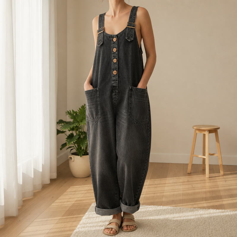 Sesimbra Relaxed Denim Overalls in Black