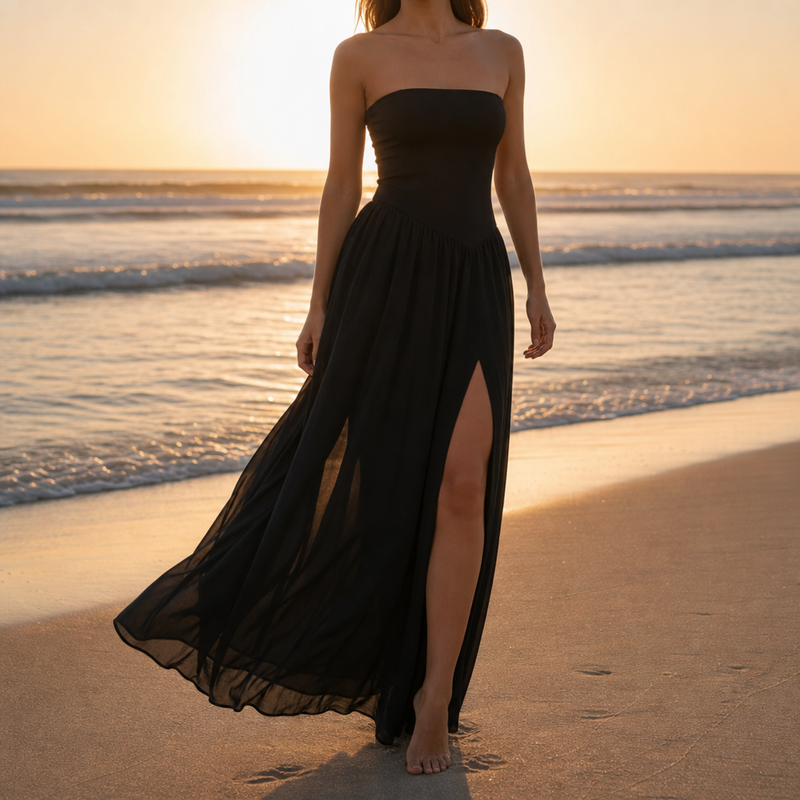 Ravello Strapless Slit Maxi Dress in Black