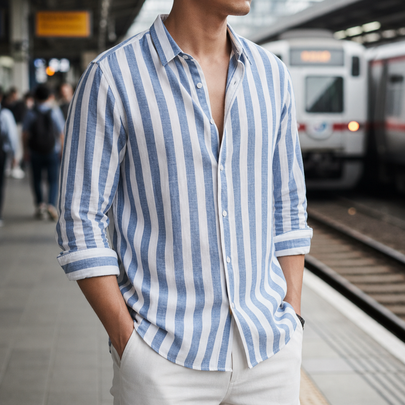 Kakopetria Striped Linen Shirt in Blue