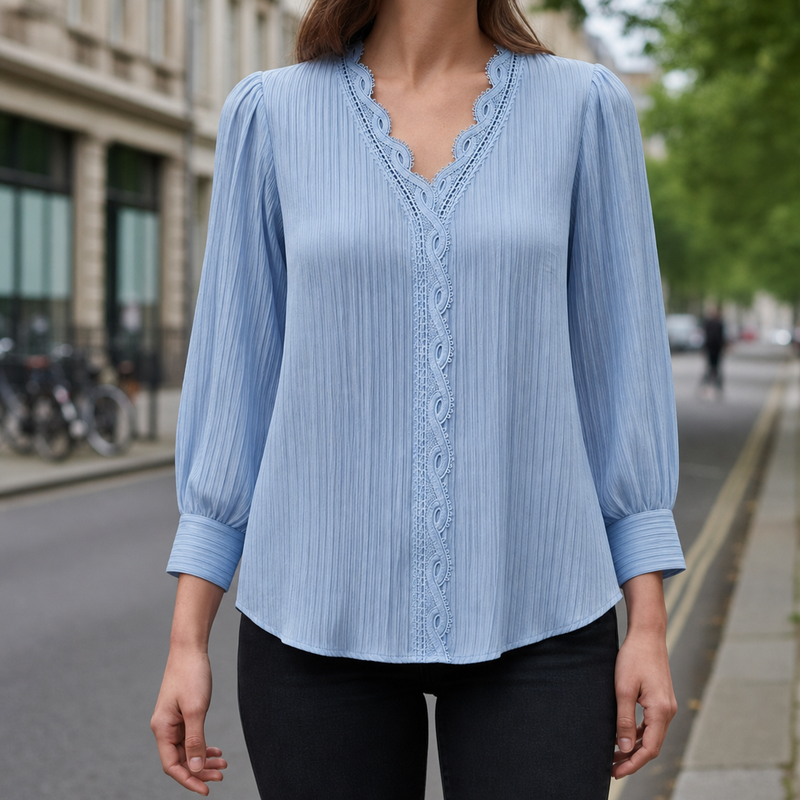 Caceres Lace Trim V-Neck Blouse in Blue