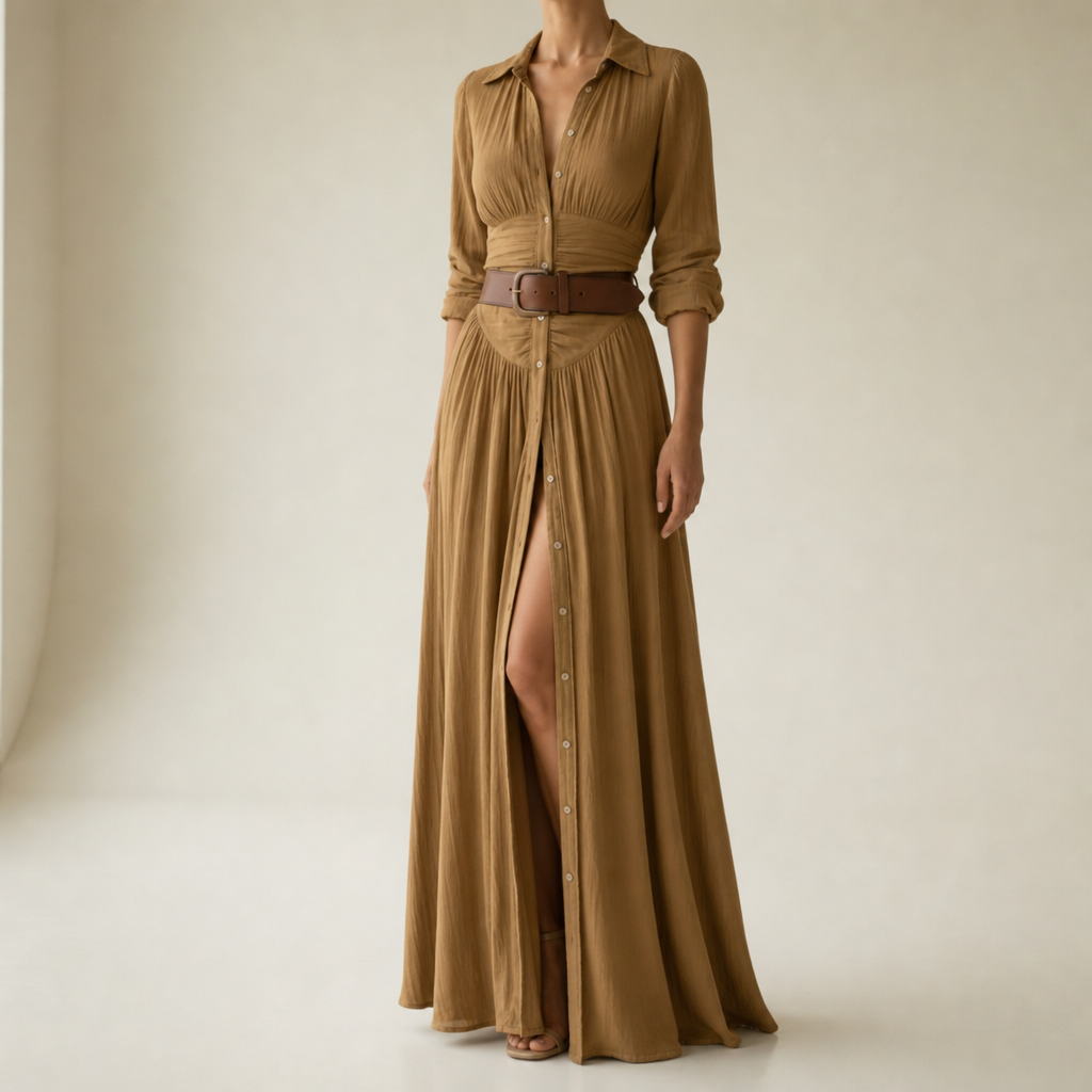 Samos Belted Button-Front Maxi Dress in Brown