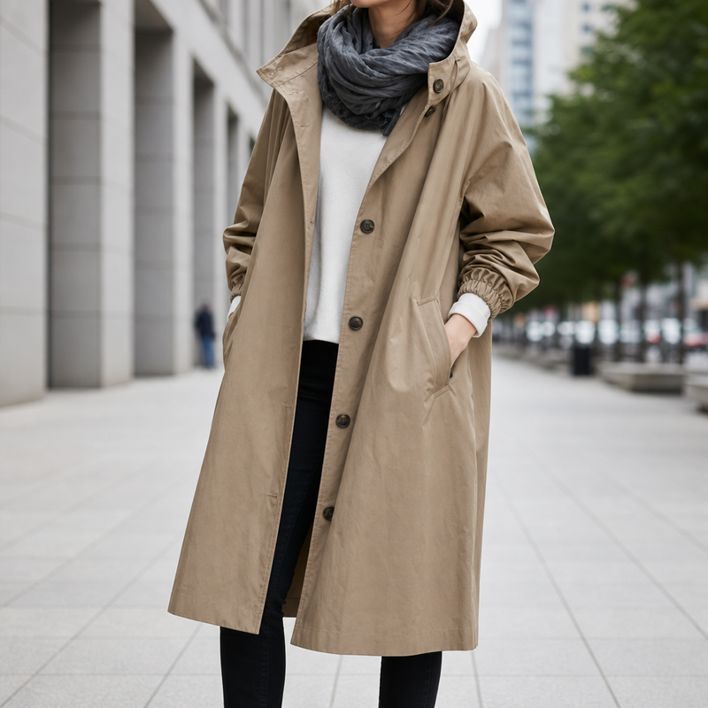 Kythnos Hooded Long Trench Coat in Brown