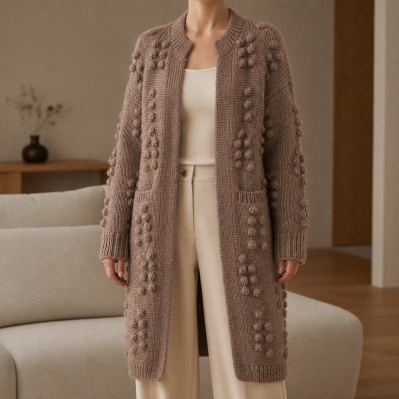 Chianti Pom Pom Knit Cardigan in Brown