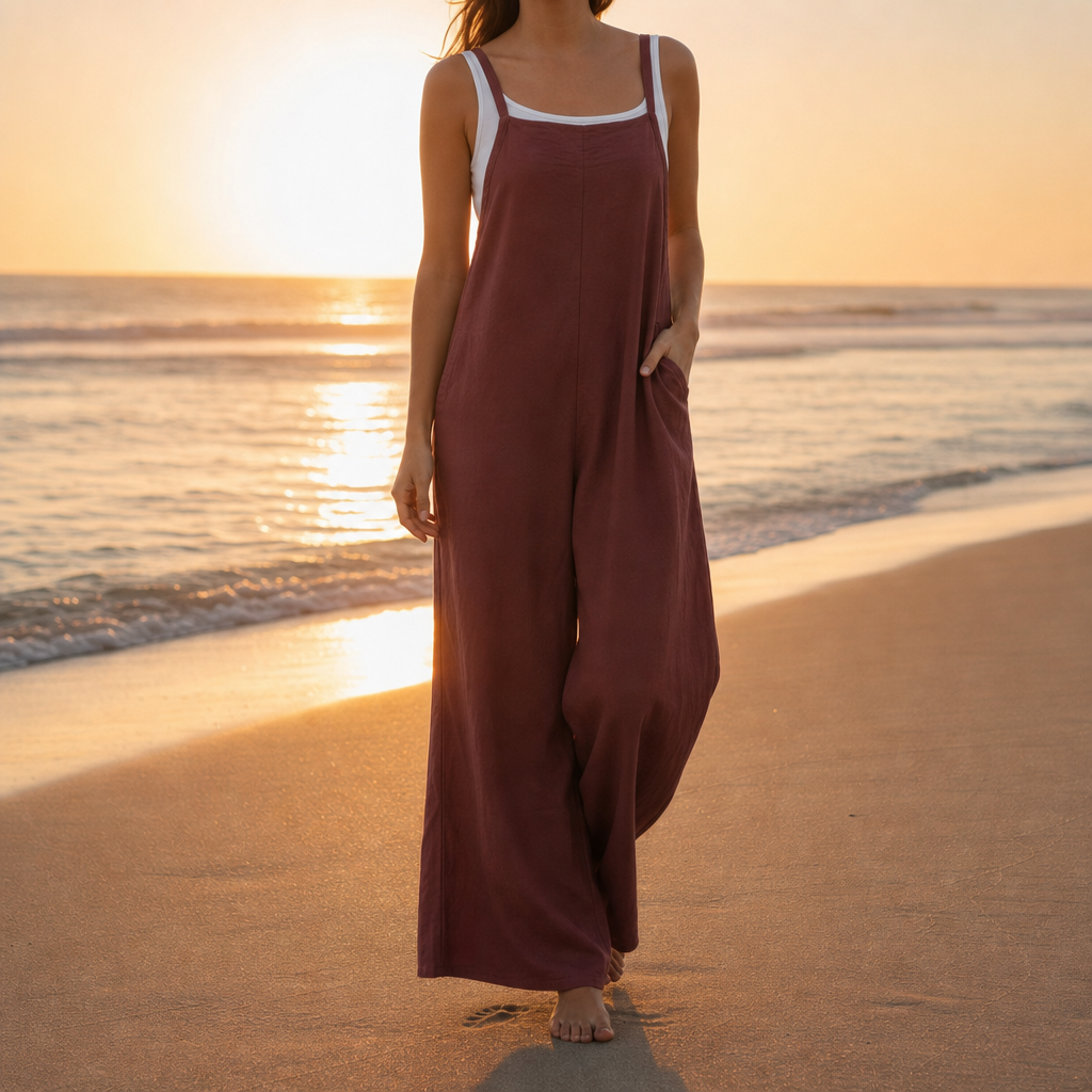 Biot Linen Bib Overall Jumpsuit in Burgundy