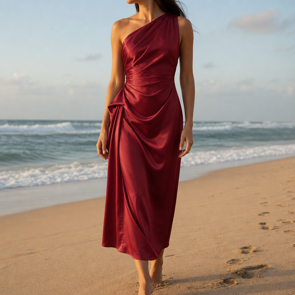 Almeria Ruched Satin Midi Dress in Burgundy