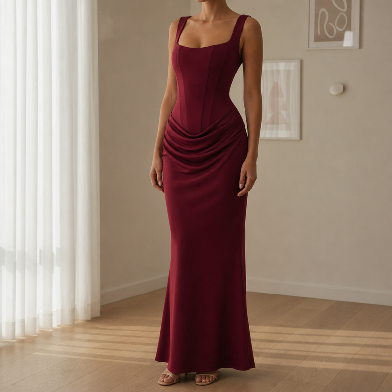 Leros Corset Ruched Maxi Dress in Burgundy