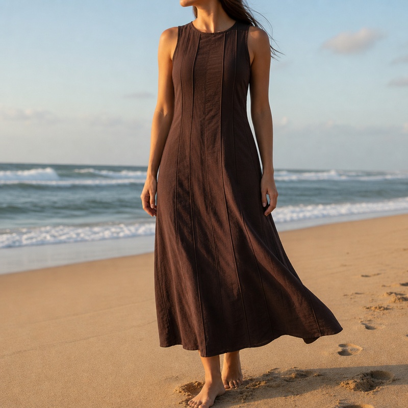 Ithaca Panel Seam Midi Dress in Coffee Brown
